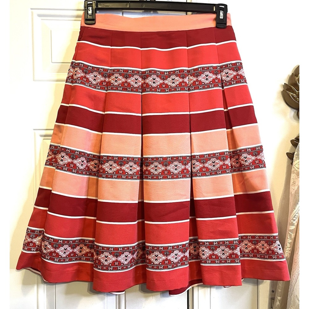 Eva Mendes Pleated Skirt Size 4 Western Stripe Folk Print Midi Boho Red Coral